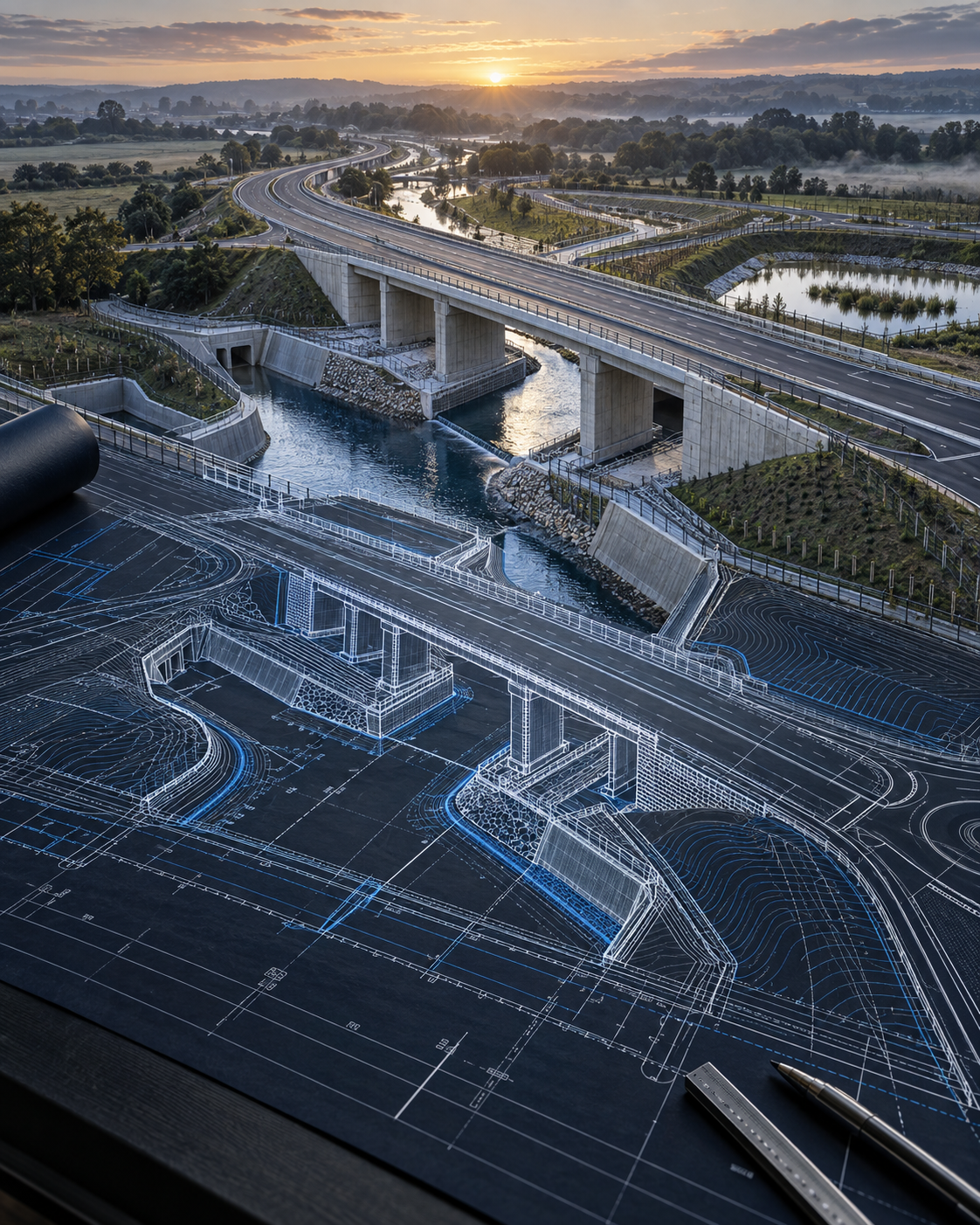 Aerial view of a completed highway bridge and drainage scheme at dawn, overlaid with setting-out drawings