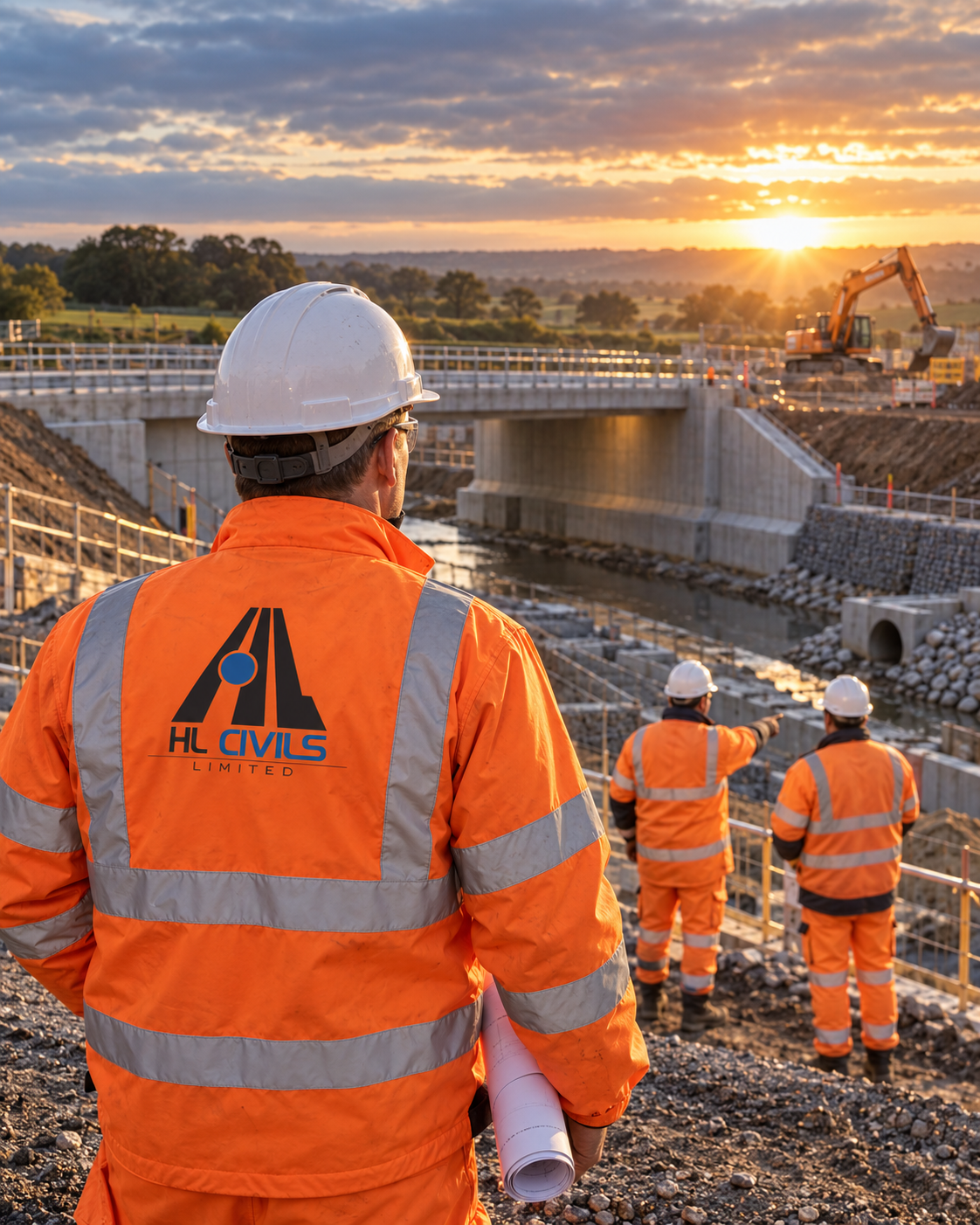 HL Civils engineers overseeing bridge and drainage works at sunset