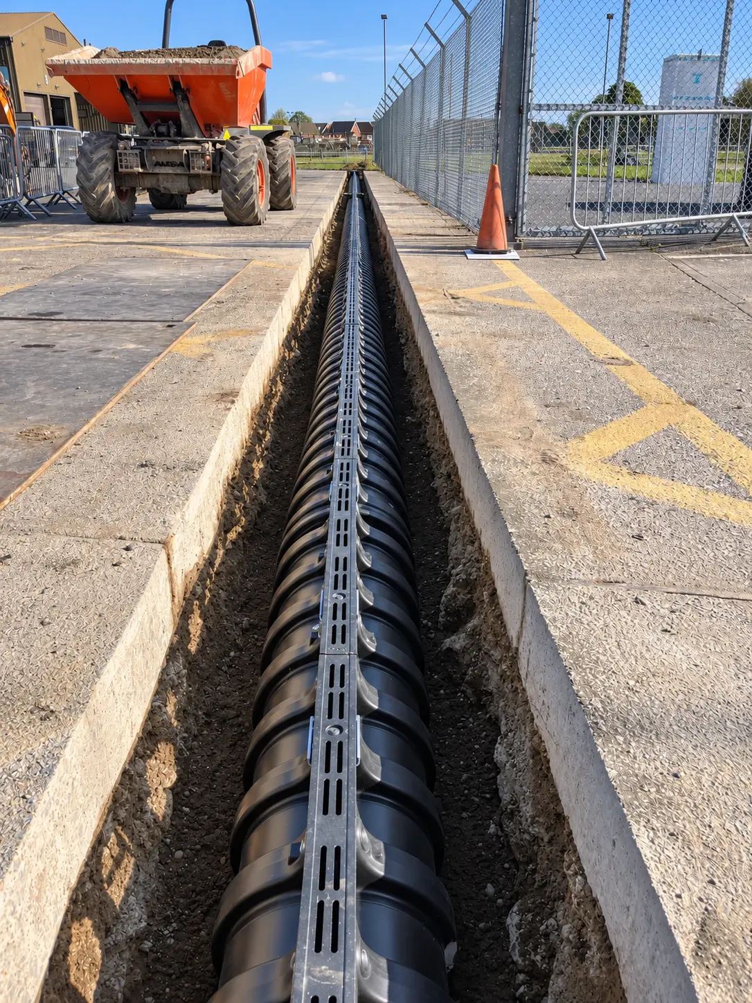 Drainage channel installation alongside secure airfield infrastructure at RAF Mildenhall