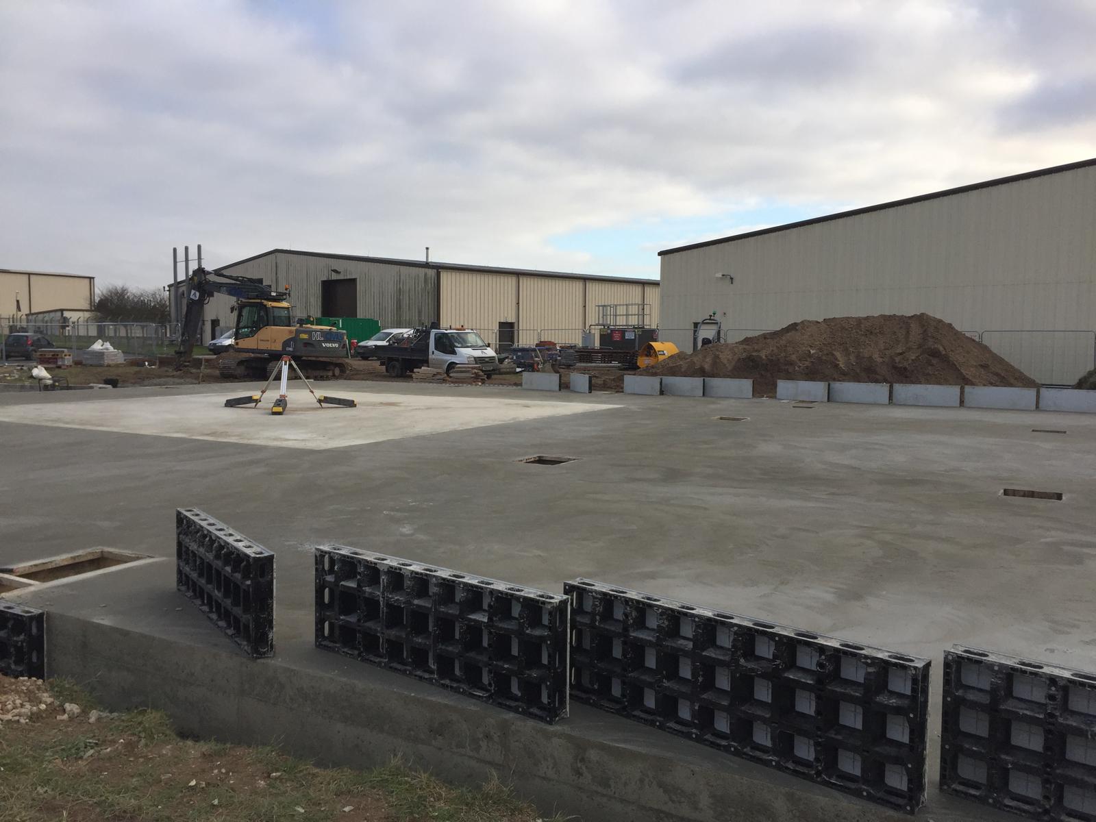 Completed concrete slab with formwork and setting-out equipment at RAF Mildenhall