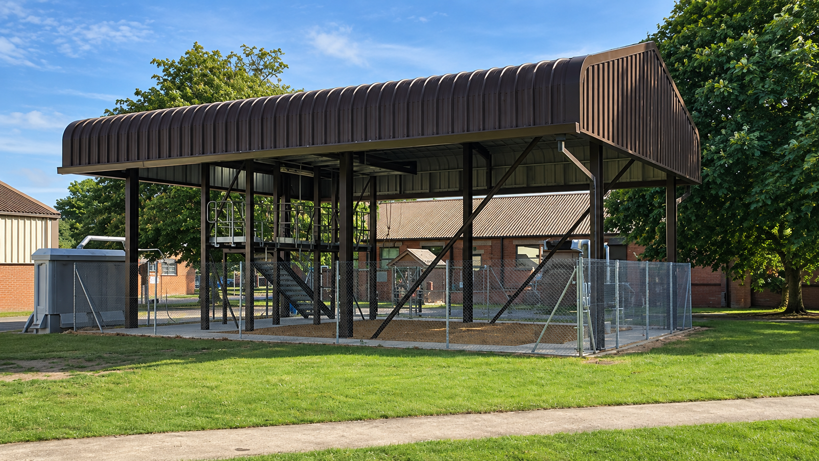 Curved-roof steel canopy over a fenced compound with stairway access at RAF Mildenhall
