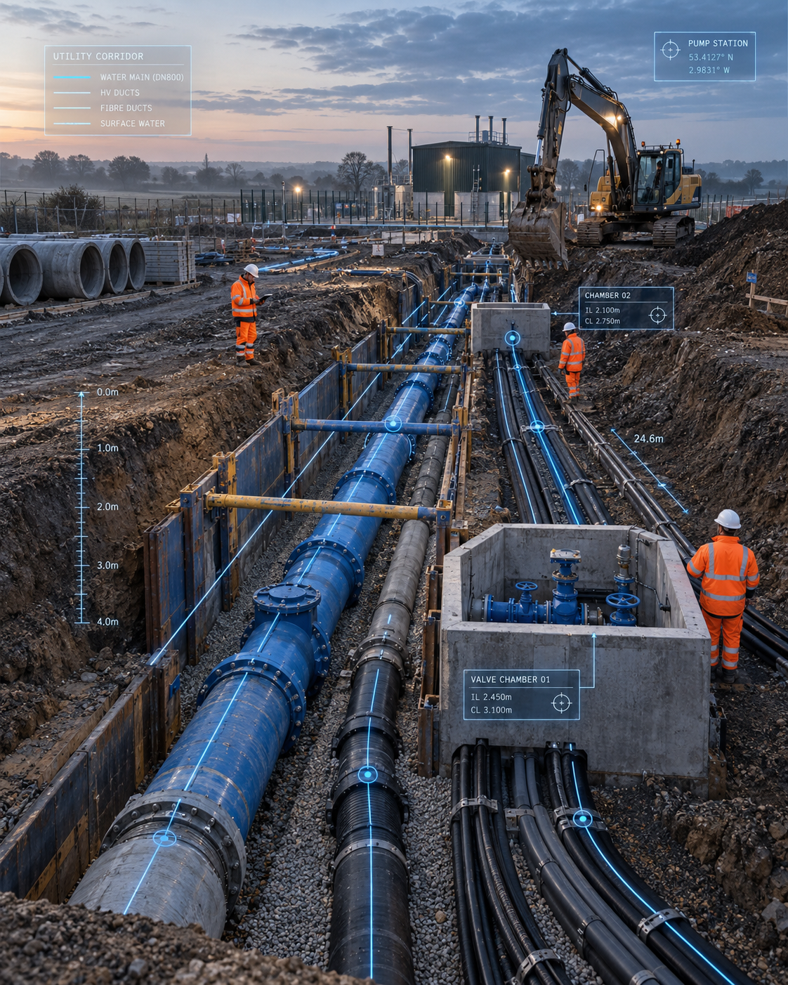 HL Civils utility corridor construction with installed pipework and valve chambers at dusk