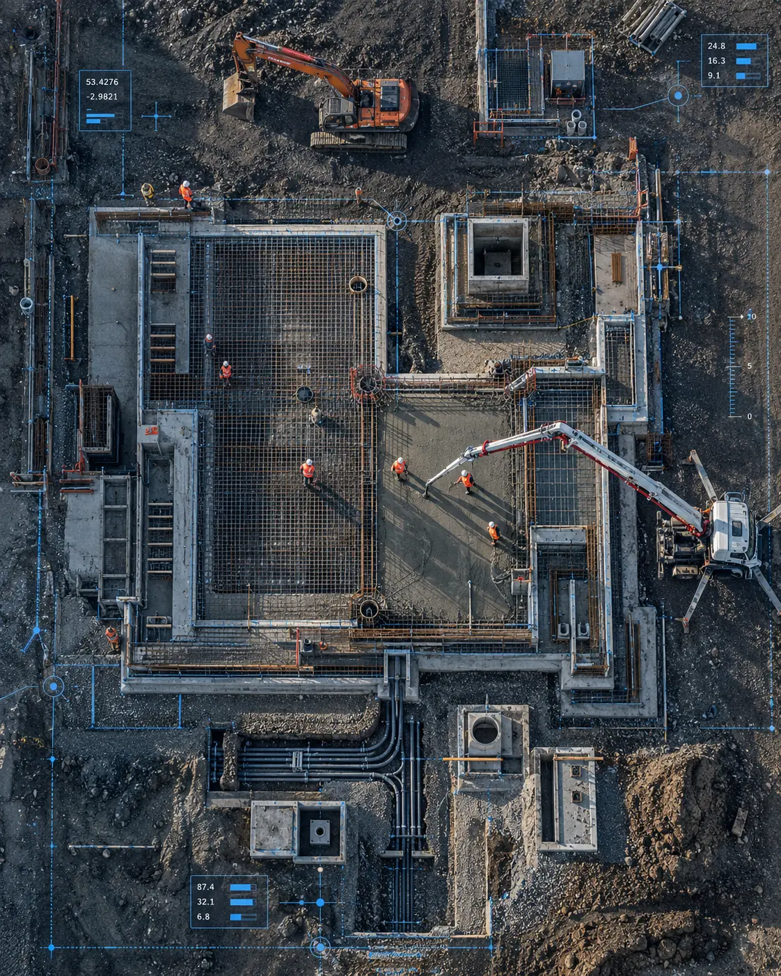 Overhead view of HL Civils civil-engineering works with reinforced foundations, excavators and operatives