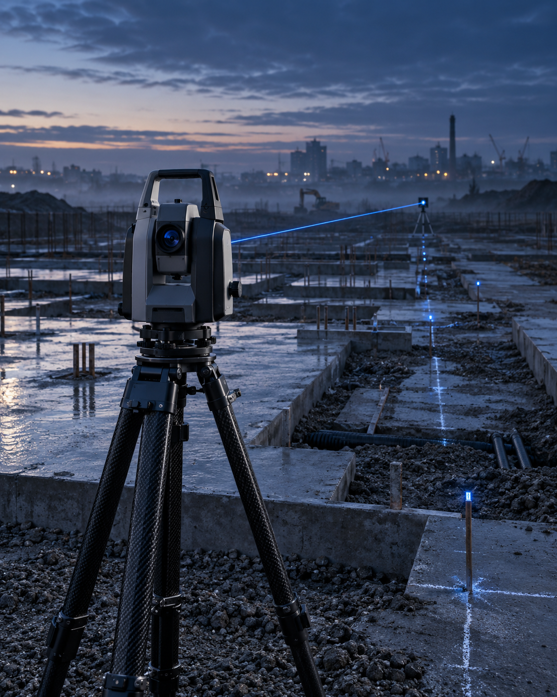 HL Civils surveying instrument with setting-out equipment on a construction site at dusk