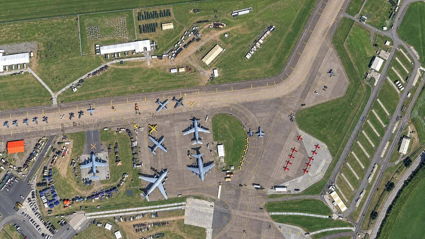 Aerial view of military aircraft and airfield hardstanding at RAF Fairford